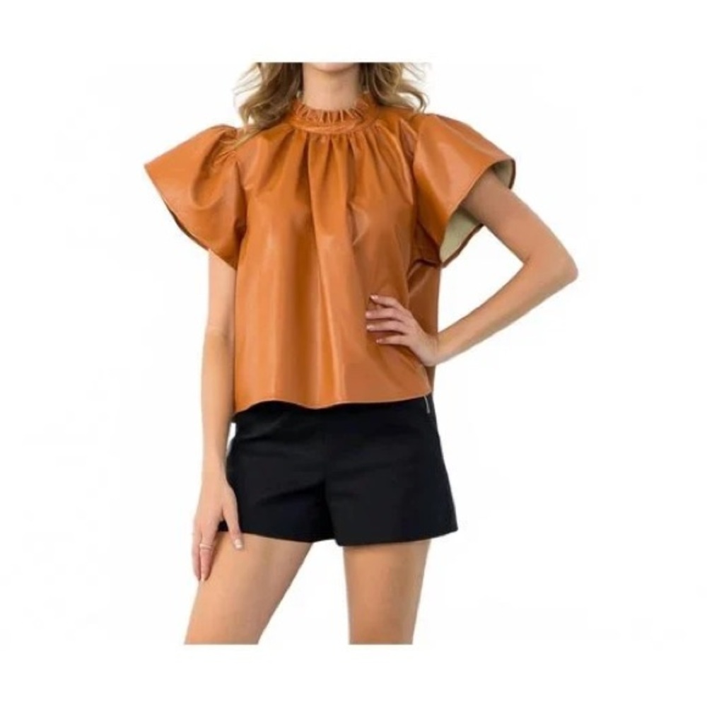 THML Brown Flutter Sleeve faux Leather Blouse Size M # 3027